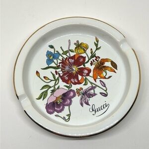 Gucci Vintage White Porcelain Ashtray - Multicolor Floral Motif and Gold Rim